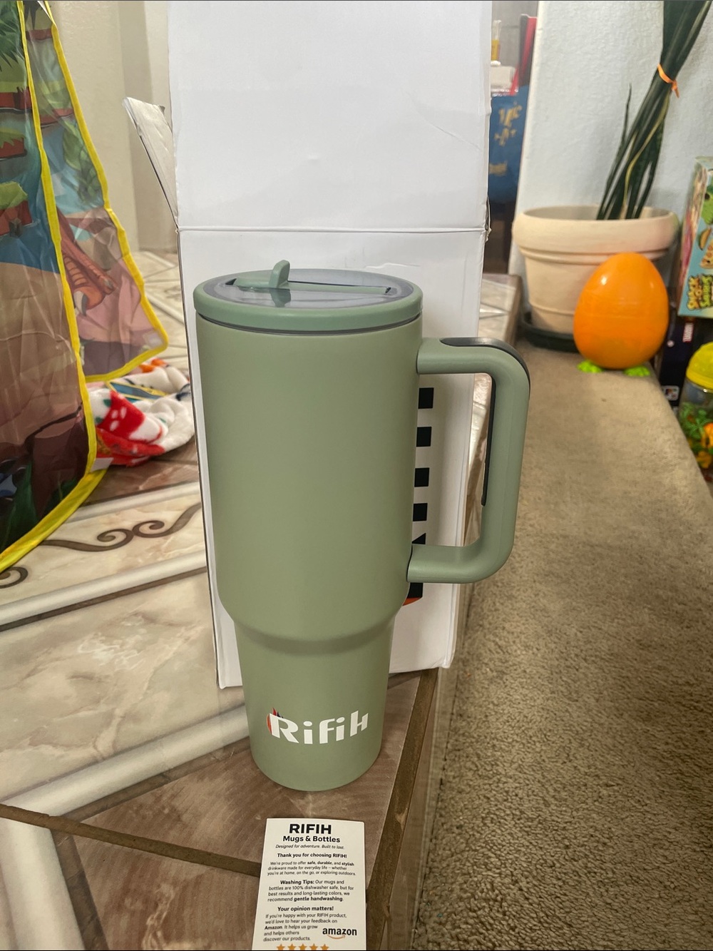 Rifih Olive Green Travel Tumbler with Handle and Lid